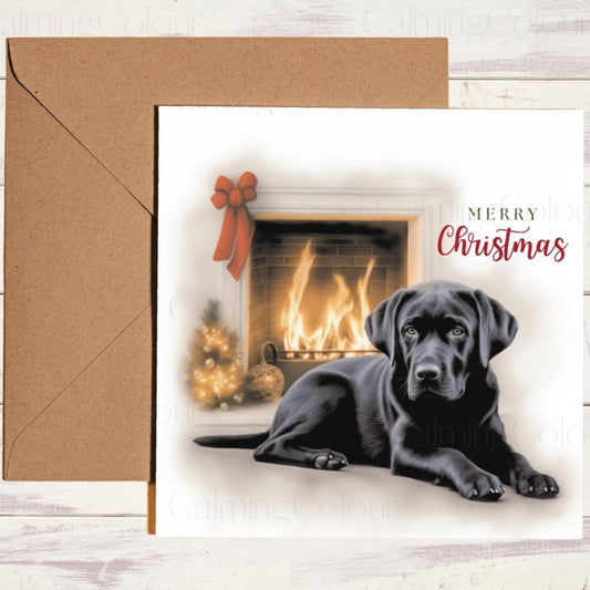 Black Labrador by Fireplace | Christmas Greeting Card | Christmas Card