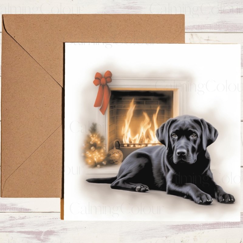 Black Labrador by Fireplace | Christmas Greeting Card | Christmas Card