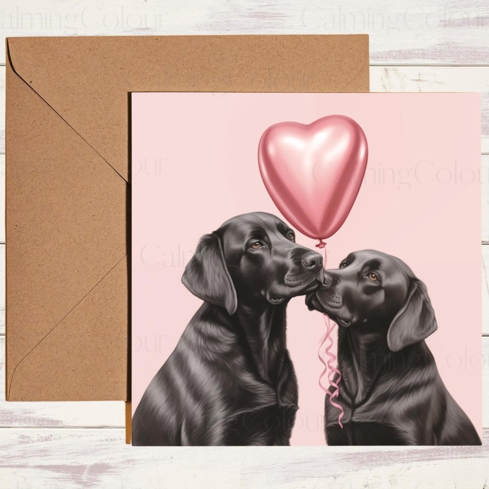 Black Labrador Couple with Red Balloon | Valentine's Card | With Love | Calming Colour