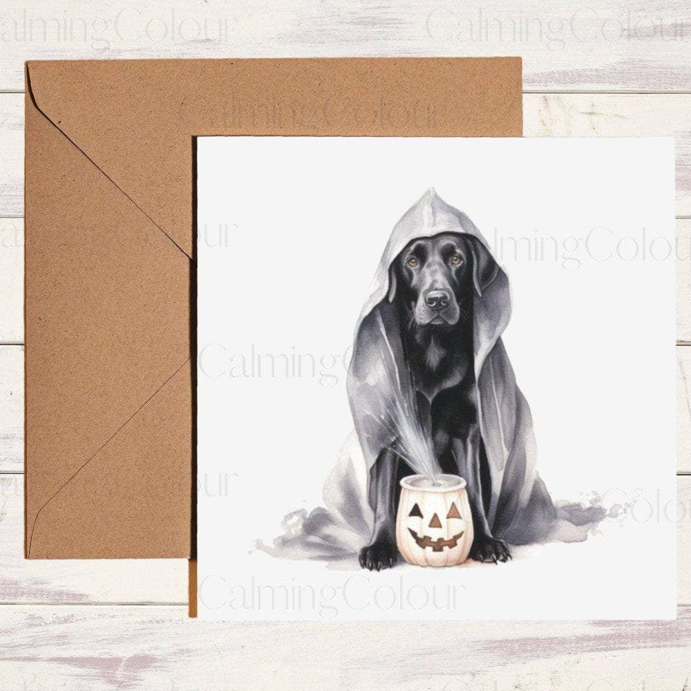 Black Labrador Dressed as Ghost | Halloween Card | Calming Colour