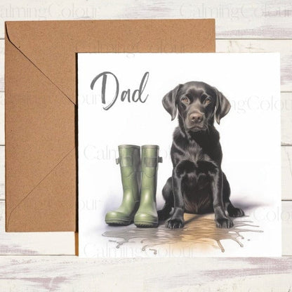 Black Labrador | Green Wellingtons | Father's Day Card | Calming Colour