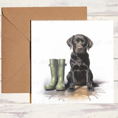 Black Labrador | Green Wellingtons | Father's Day Card | Calming Colour