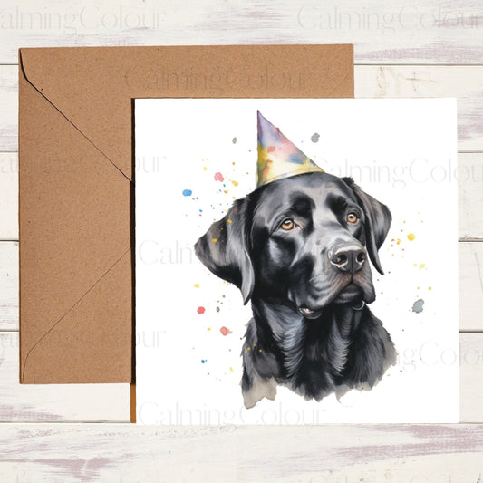 Black Labrador wearing Party Hat | Greeting Card | Calming Colour