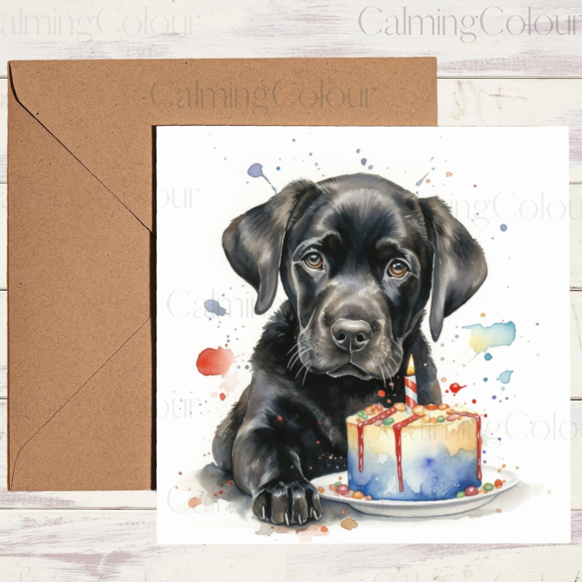 Black Labrador with Colourful Cake | Greeting Card | Calming Colour