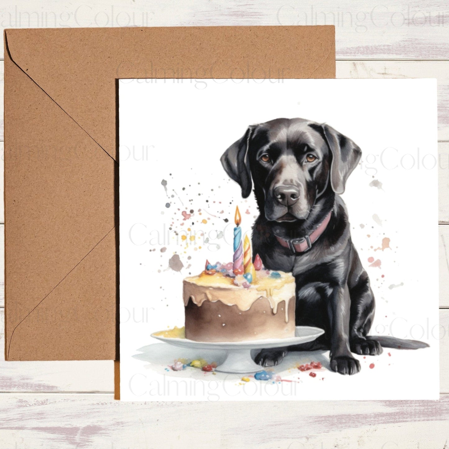 Black Labrador with Birthday Cake | Birthday Card | Calming Colour