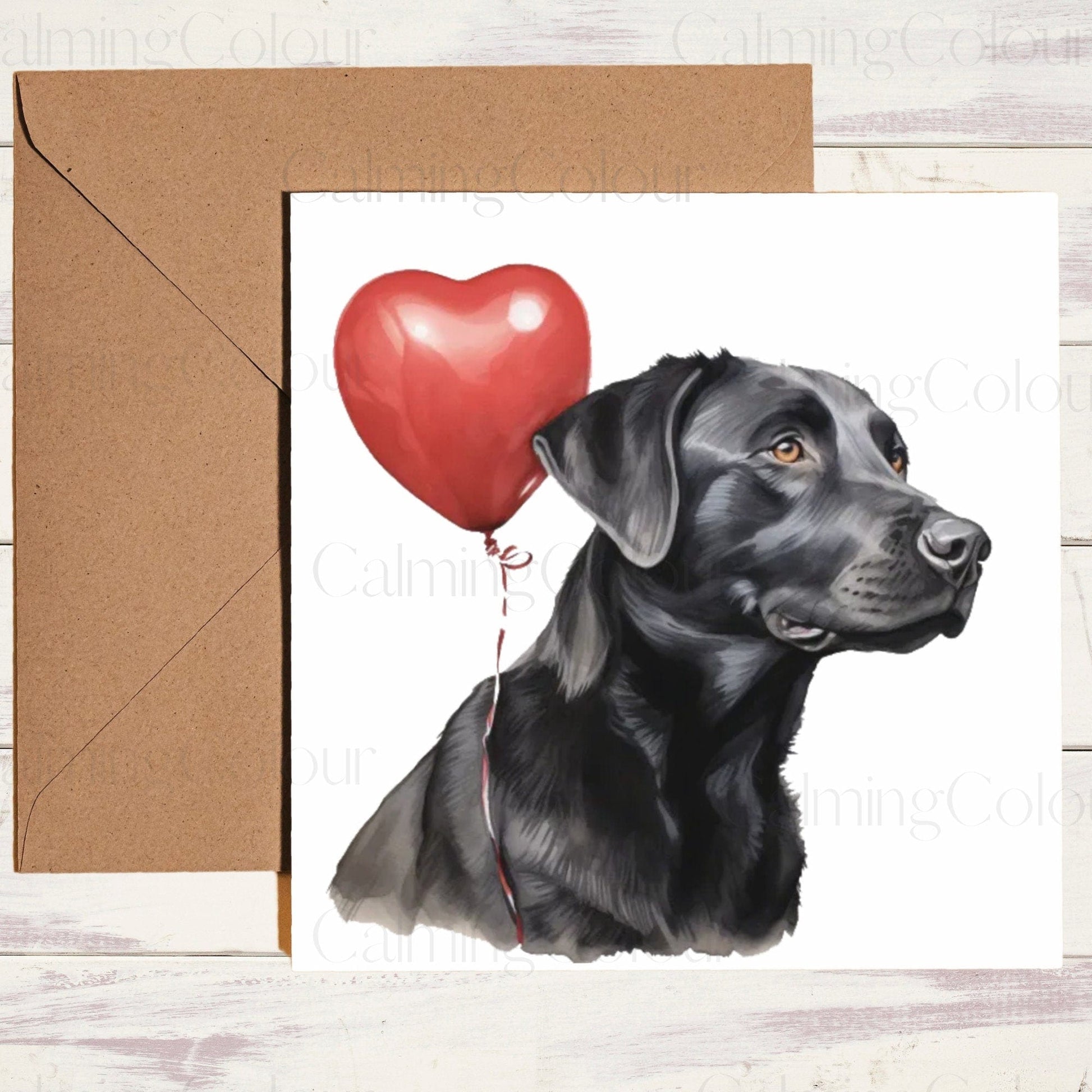 Black Labrador with Red Balloon | Greeting Card | Calming Colour