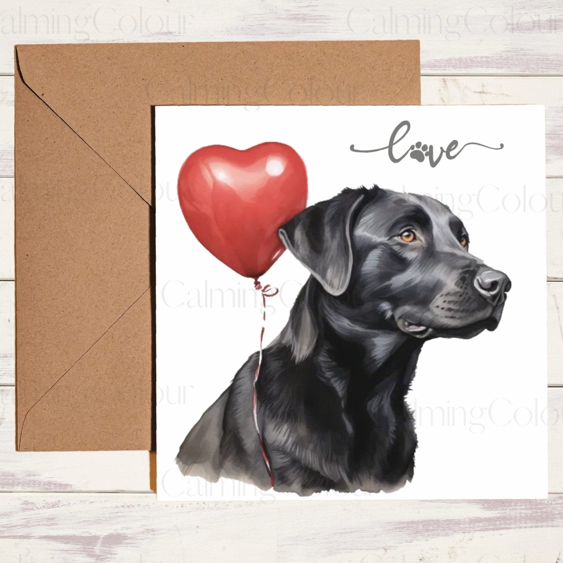 Black Labrador with Red Balloon | Greeting Card | Calming Colour