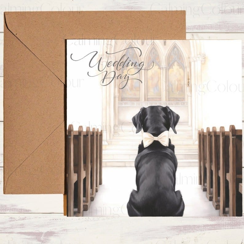 Black Labrador wearing Bow in Church | Dog Wedding Card | Calming Colour