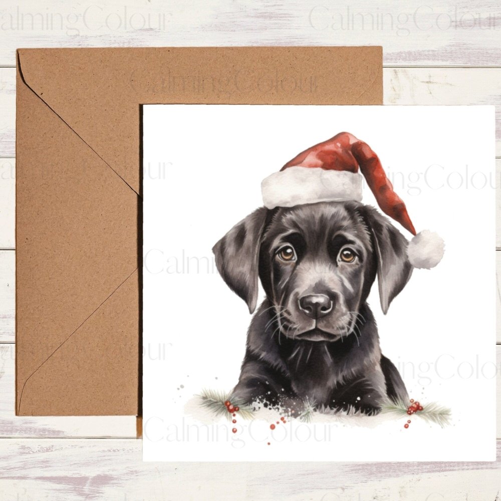 Black Labrador Puppy wearing Red Santa Hat | Christmas Card | Calming Colour