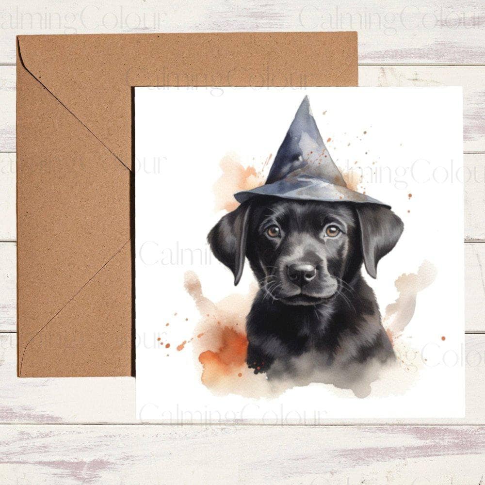 Black Labrador Puppy wearing Witches Hat | Birthday Card | Calming Colour