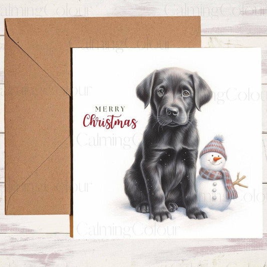 Black Labrador Puppy with an Cute Mini Snowman | Christmas Card | Christmas Card