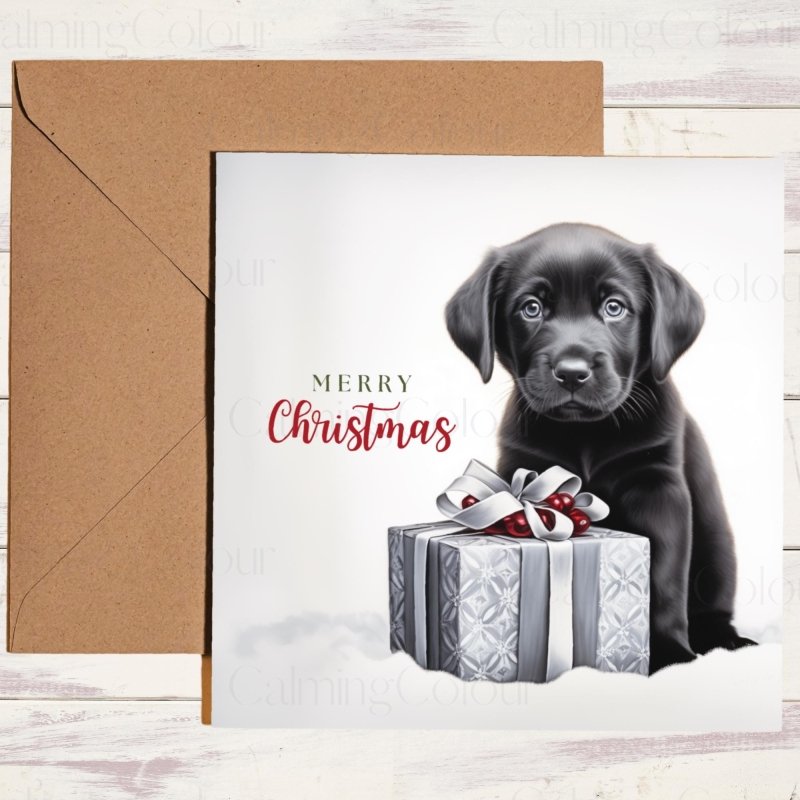 Black Labrador Puppy with Festive Gift | Christmas Card | Christmas Card