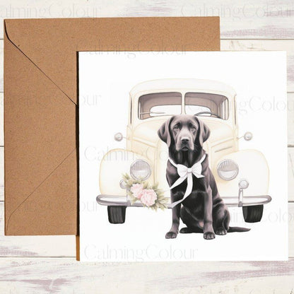 Black Labrador in Front of Wedding Car | Wedding Card | Calming Colour