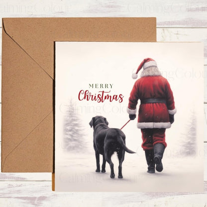 Black Labrador Walking with Santa | Christmas Card | Christmas Card