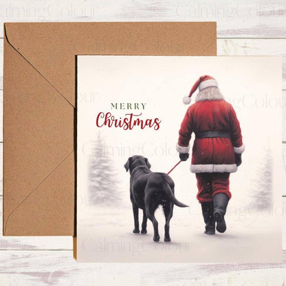 Black Labrador Walking with Santa | Christmas Card | Christmas Card