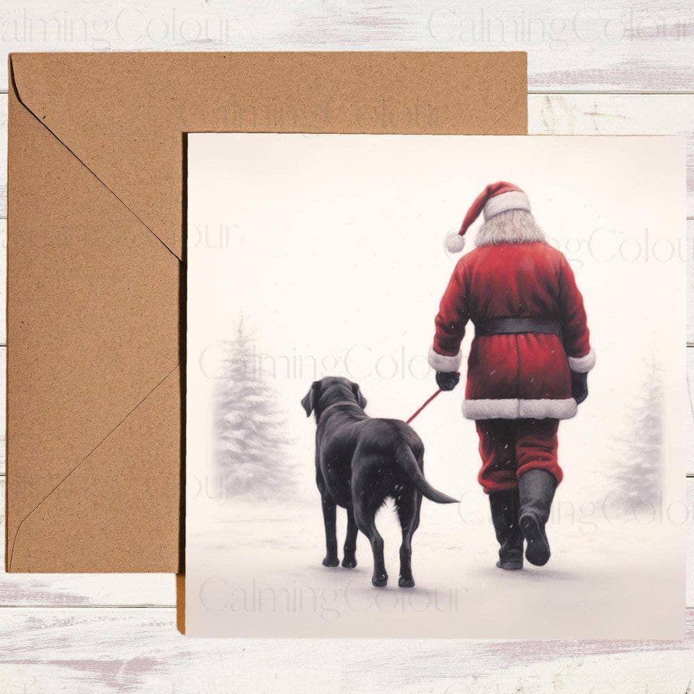 Black Labrador Walking with Santa | Christmas Card | Christmas Card