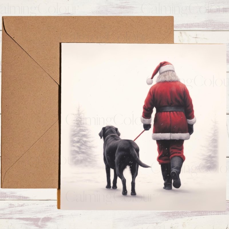 Black Labrador Walking with Santa | Christmas Card | Christmas Card