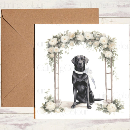 Black Labrador under Floral Arch | Dog Wedding Card | Calming Colour