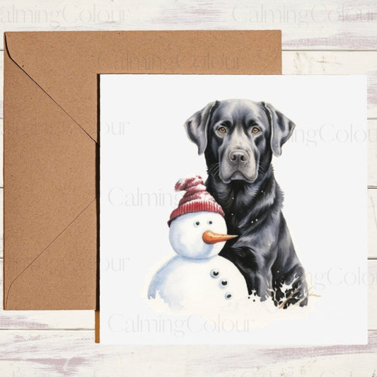 Black Labrador with Adorable Mini Snowman | Christmas Card | Calming Colour