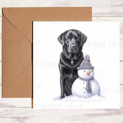 Black Labrador with a Snowman | Christmas Card | Christmas Card