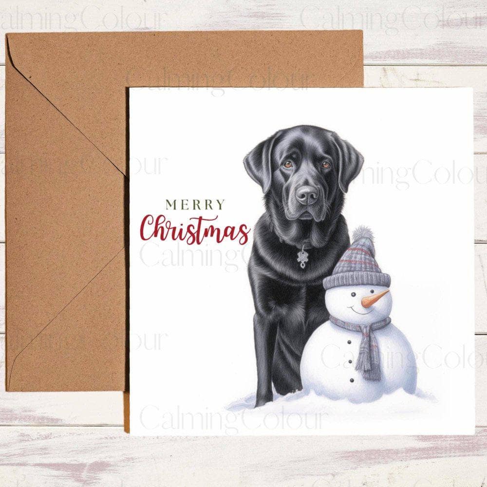 Black Labrador with a Snowman | Christmas Card | Christmas Card