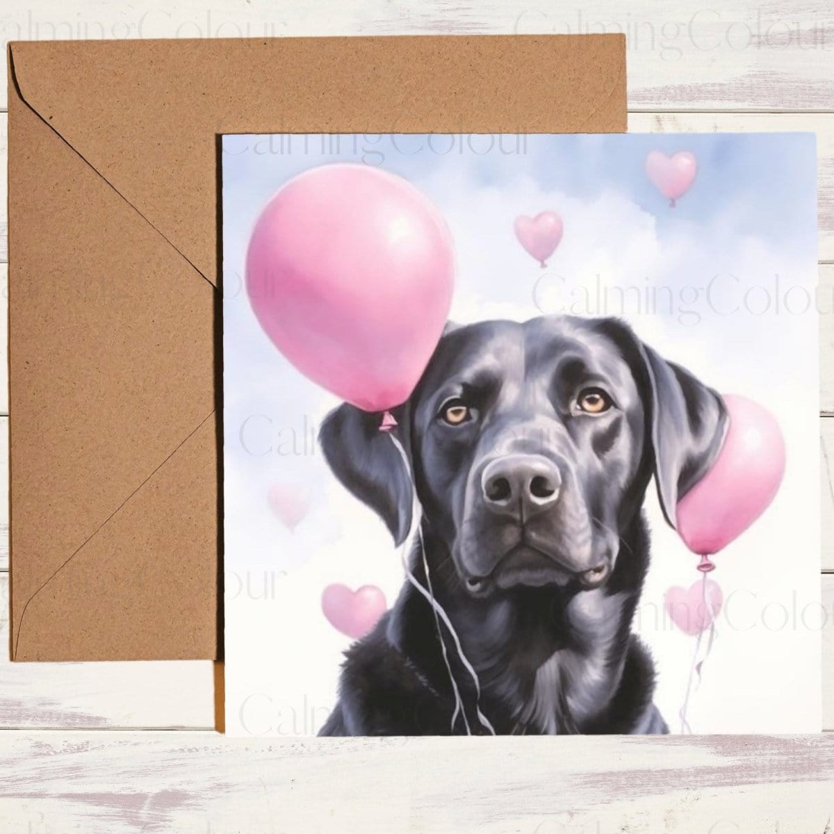 Black Labrador with Pink Balloons | Greeting Card | Calming Colour