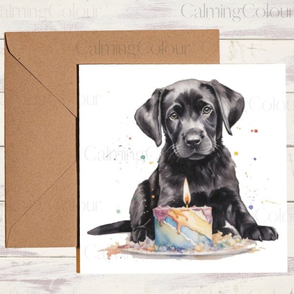 Black Labrador Puppy with Birthday Cake | Birthday Card | Calming Colour