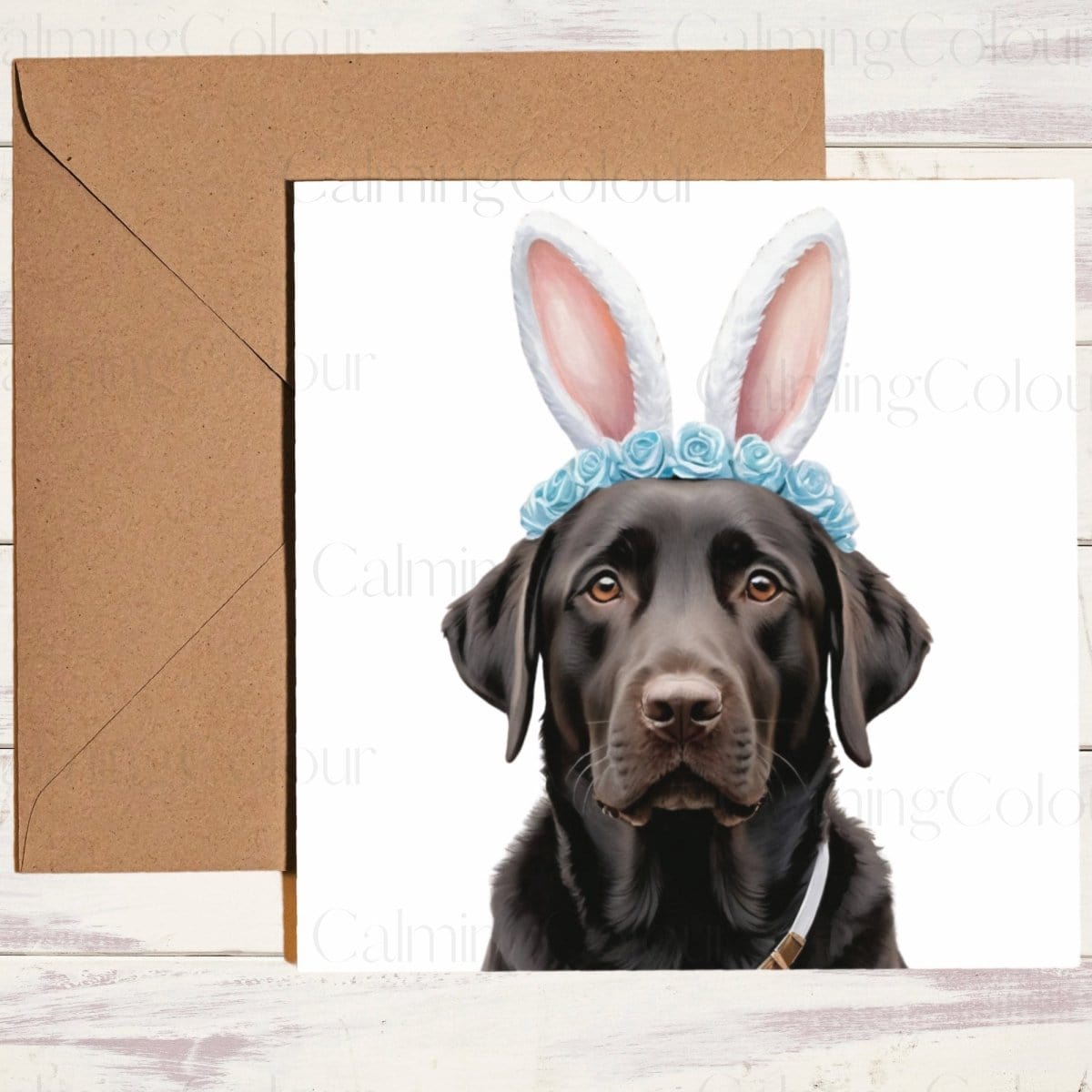 Black Labrador with Easter Bunny Ears | Easter Card | Calming Colour