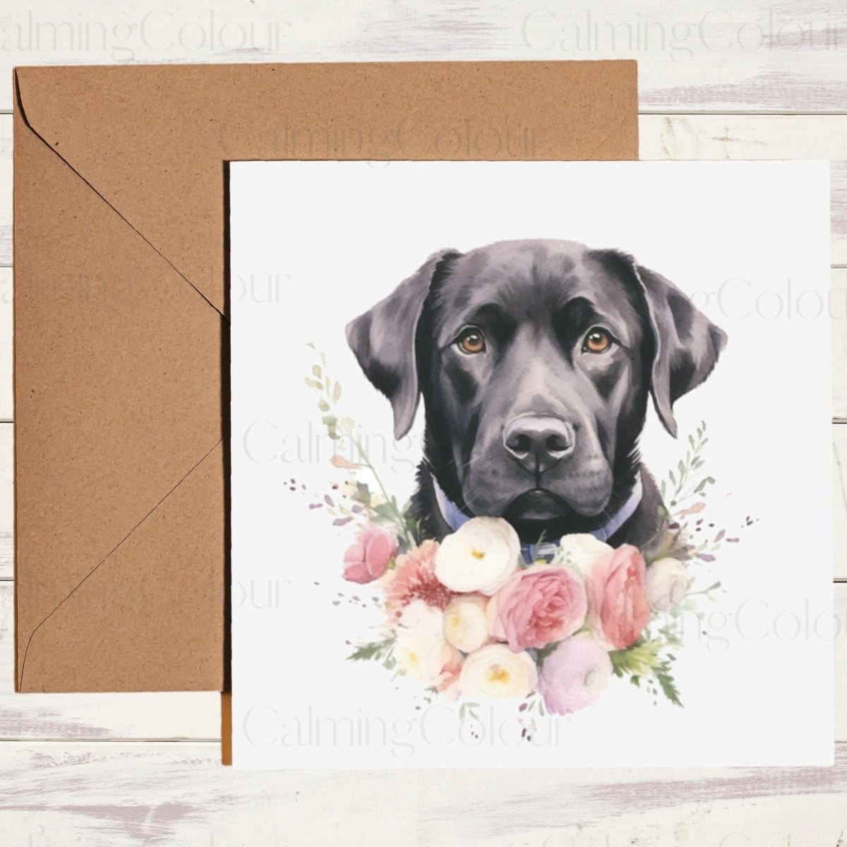 Black Labrador with Floral Arrangement | Greeting Card | Calming Colour