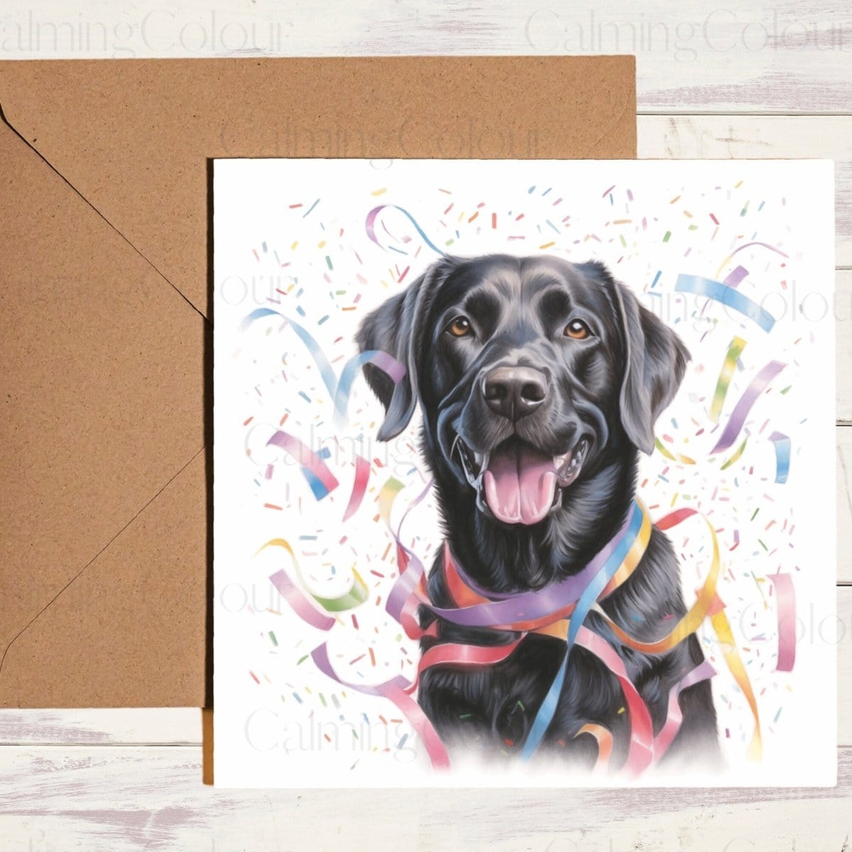 Black Labrador with Party Streamers | Greeting Card | Calming Colour