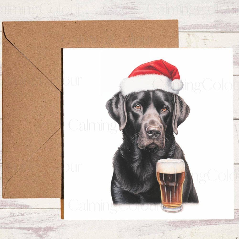 Black Labrador with Pint and Red Santa Hat | Christmas Card | Christmas Card