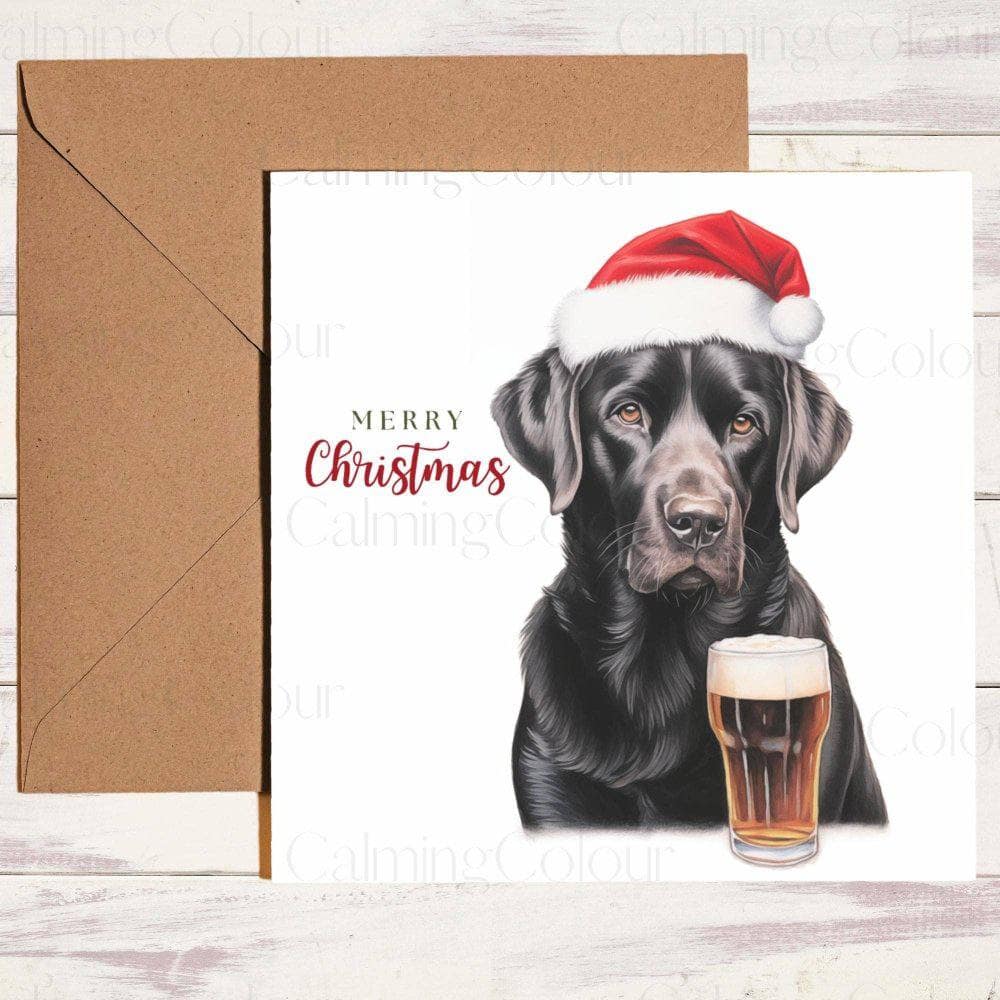 Black Labrador with Pint and Red Santa Hat | Christmas Card | Christmas Card