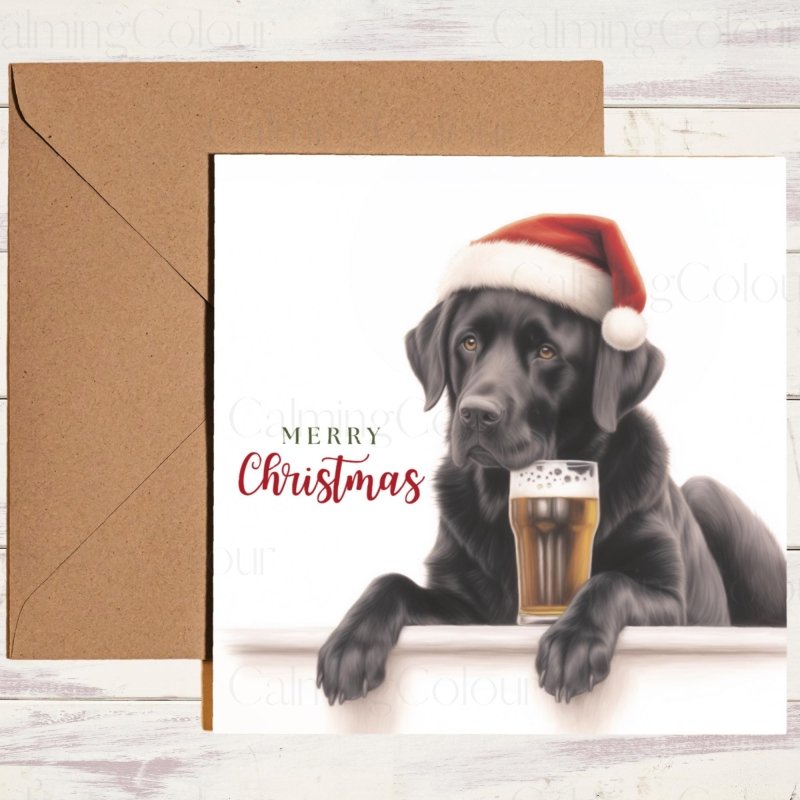 Black Labrador with Pint & Santa Hat | Christmas Card | Christmas Card