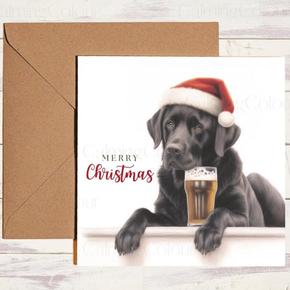 Black Labrador with Pint & Santa Hat | Christmas Card | Christmas Card