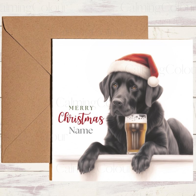 Black Labrador with Pint & Santa Hat | Christmas Card | Christmas Card