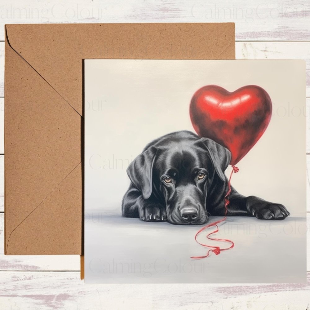 Black Labrador with Red Balloon | Valentine's Card | Valentine's Day