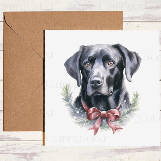 Black Labrador with Red Bow | Christmas Card | Calming Colour