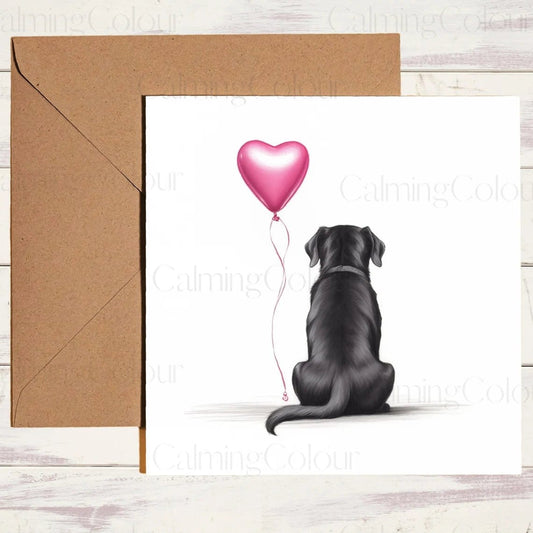 Black Labrador with Red Heart Balloon | Greeting Card | Calming Colour