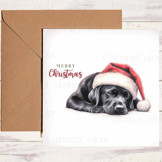 Black Labrador with Red Santa Hat Sleeping at Christmas | Christmas Card