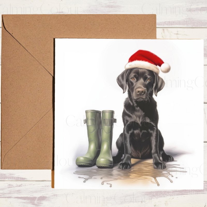 Black Labrador with Santa Hat and Wellies | Christmas Card | Christmas Card