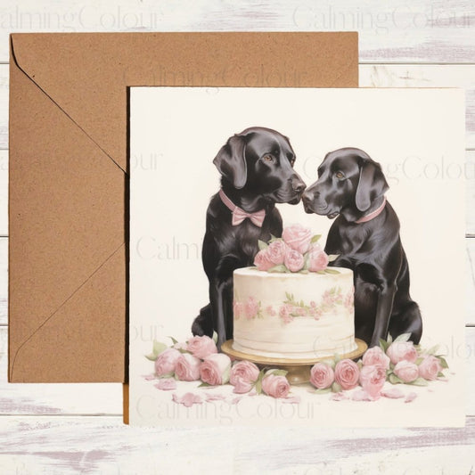 Black Labrador with Wedding Cake | Wedding Card | Calming Colour