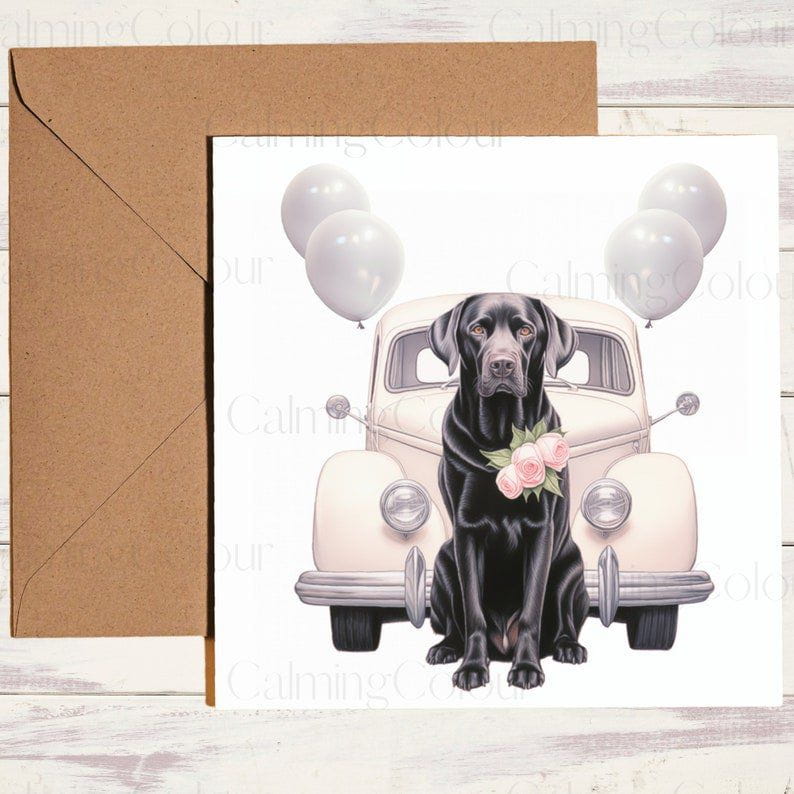 Black Labrador with Wedding Car | Wedding Card | Calming Colour