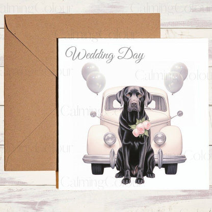 Black Labrador with Wedding Car | Wedding Card | Calming Colour