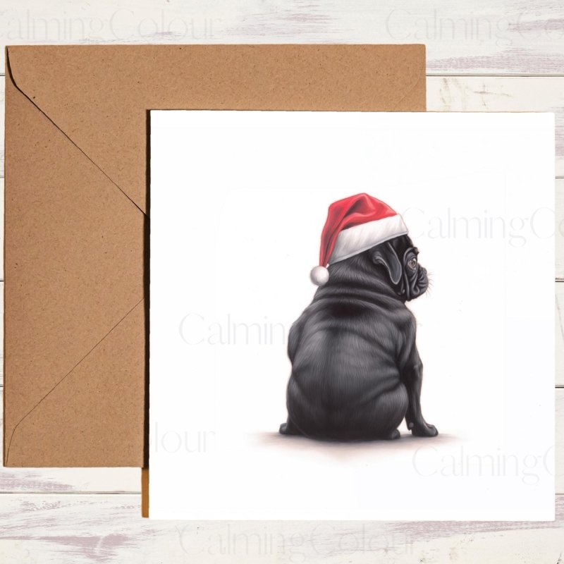 Black Pug Rear View in Santa Hat | Christmas Card | Christmas Card (Personalised)