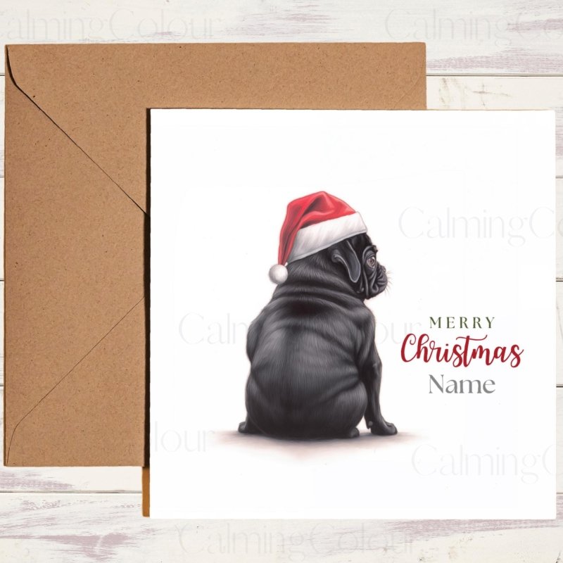 Black Pug Rear View in Santa Hat | Christmas Card | Christmas Card (Personalised)