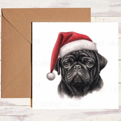 Black Pug wearing Red Santa Hat | Christmas Card | Christmas Card