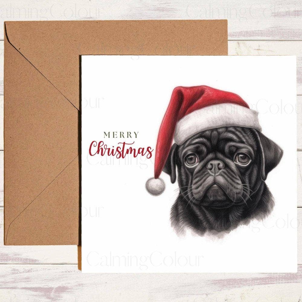 Black Pug wearing Red Santa Hat | Christmas Card | Christmas Card