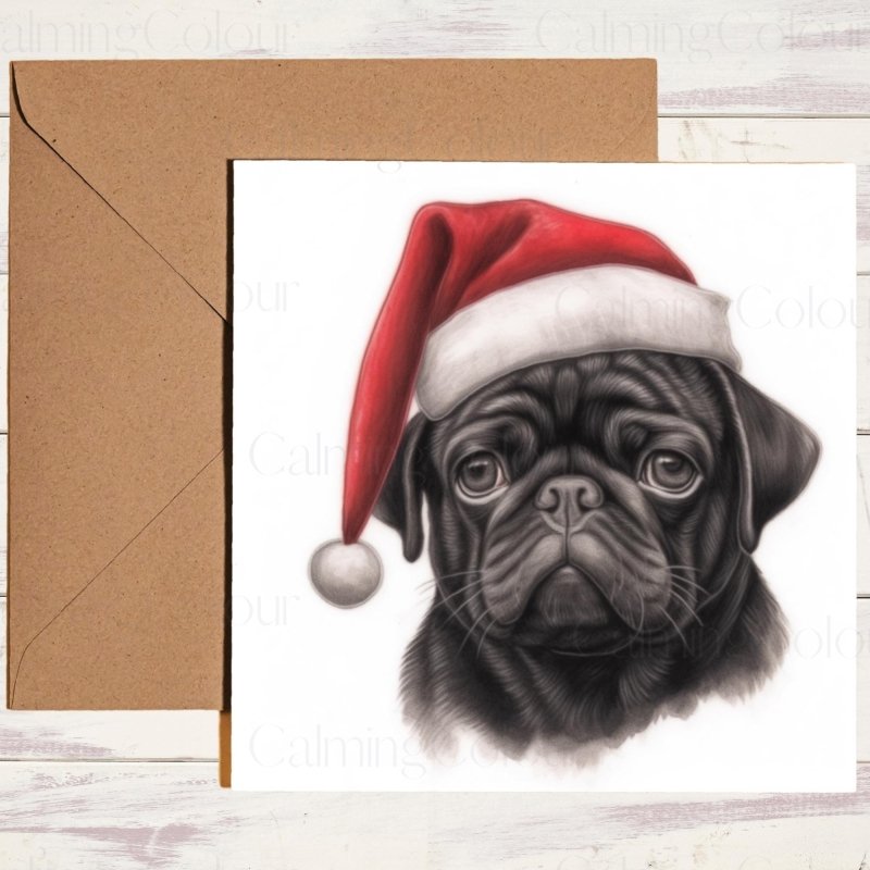 Black Pug | Wearing Santa Hat Christmas Card | Christmas Card