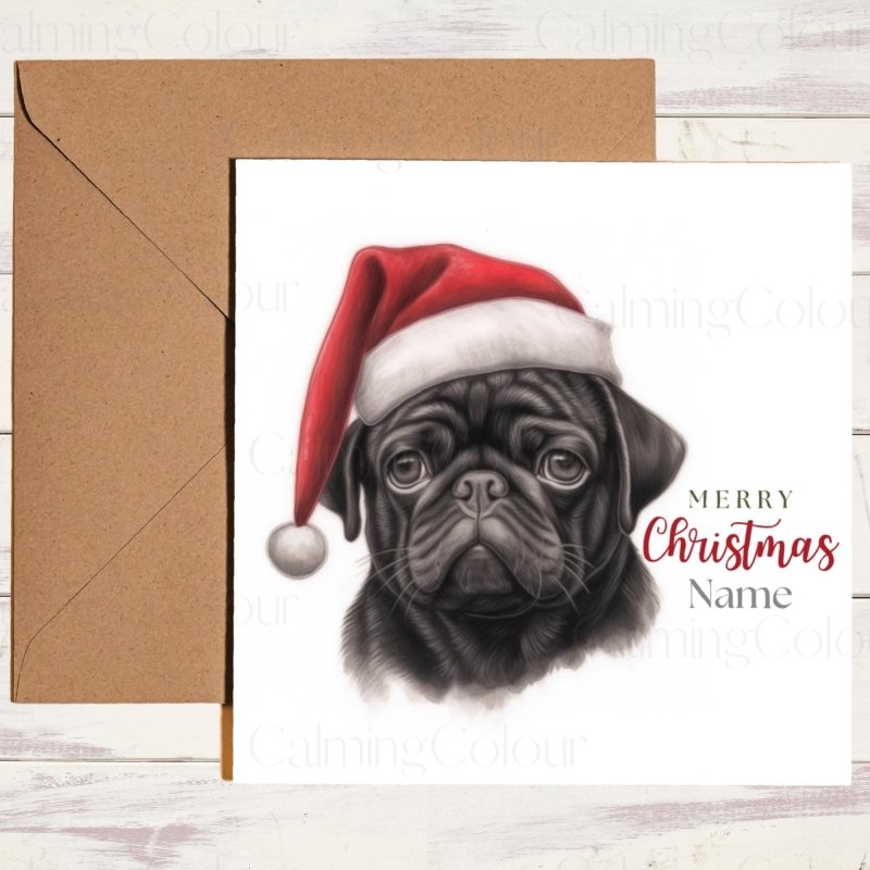 Black Pug | Wearing Santa Hat Christmas Card | Christmas Card