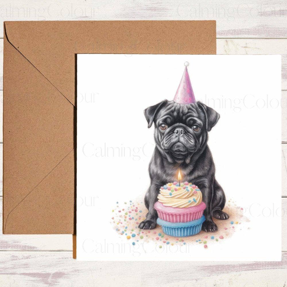 Black Pug with a Birthday Cake | Birthday Card | Birthday Card